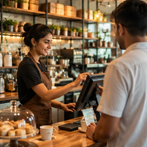 Cafe service counter illustrating customer billing activity