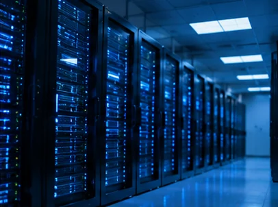 Data center equipment and server racks (illustrative photography)