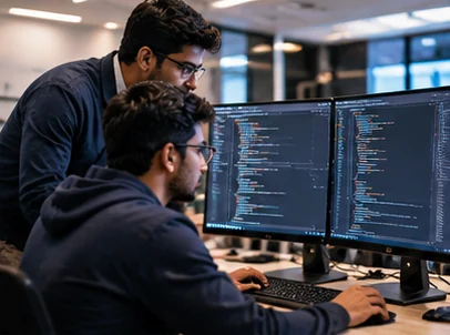 Software developers reviewing code together at a workstation (illustrative photography)