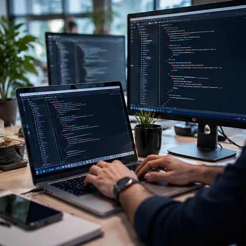 Developer writing software at a workstation (illustrative photography)