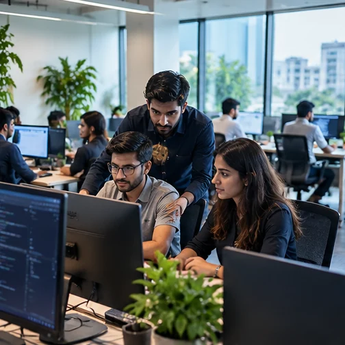 Software engineers collaborating at their office workstations (illustrative photography)