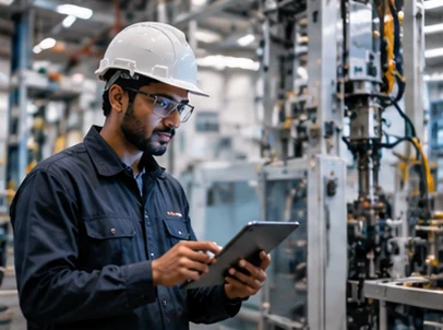 Industrial engineer inspecting factory operations with a tablet (illustrative photography)