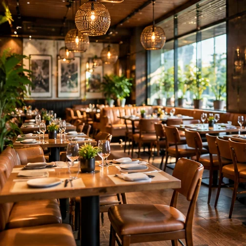 Contemporary restaurant interior with tables and warm lighting (illustrative photography)